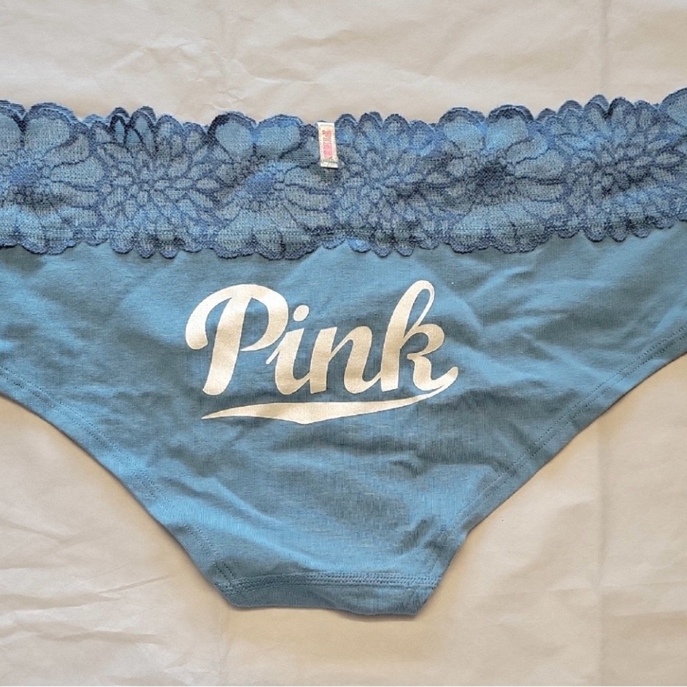 NWT Victoria’s Secret PINK Blue Logo Back Lace Cotton Hipster Panties VS Medium